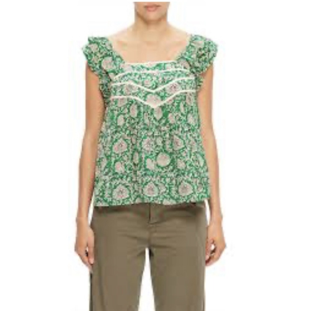 Ba&sh Fani Ruffle Top Green Nude Floral Viscose Blouse Sz 0 XS